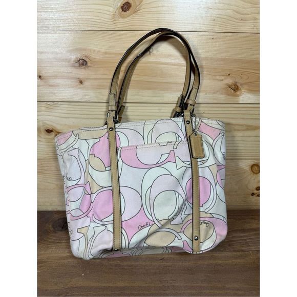 Coach Handbags - Coach Vintage Hampton's Signature Scribble Logo Tote Pink Beige Scarf Print Styl